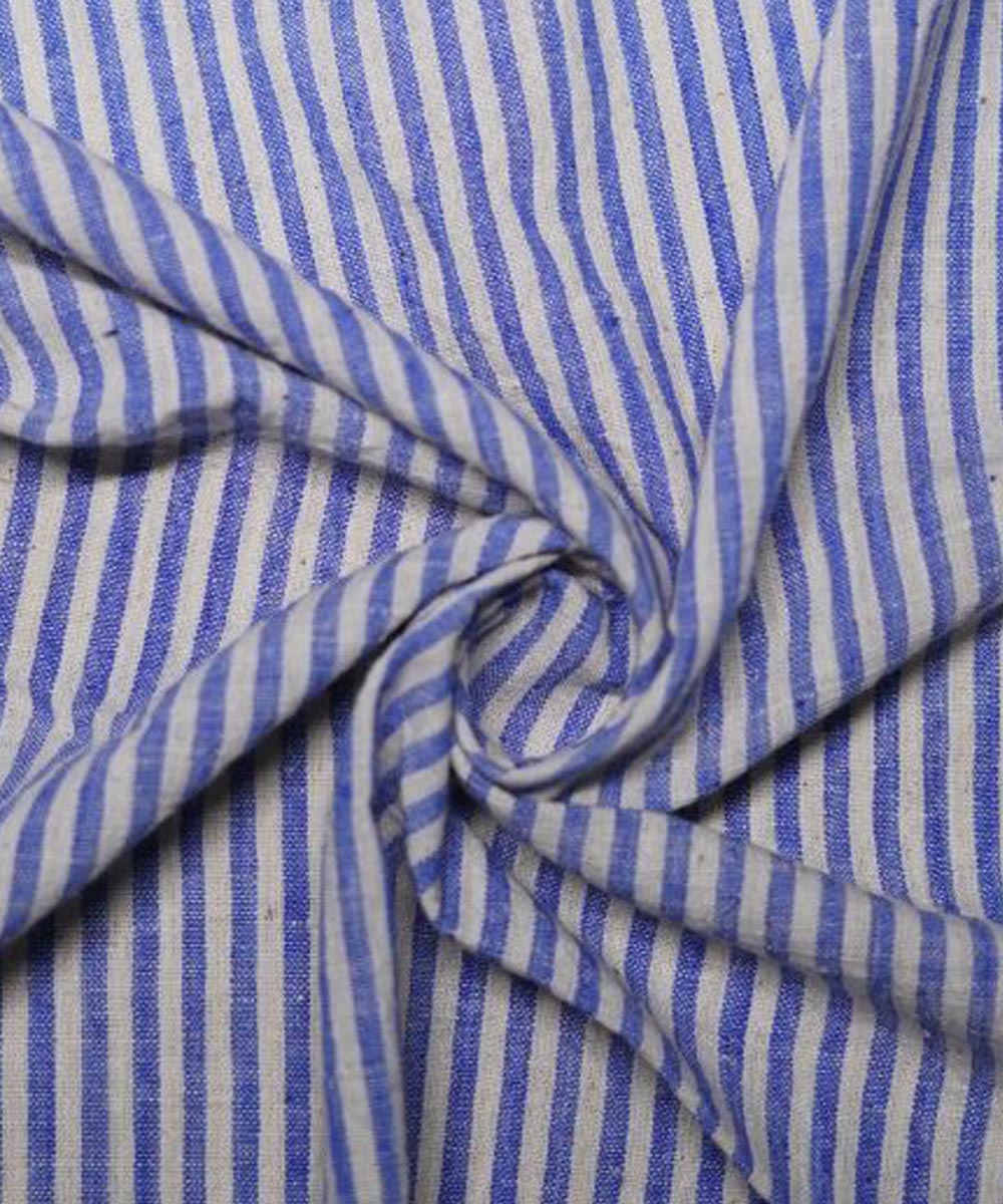 Cyan blue white stripe handspun handwoven cotton fabric