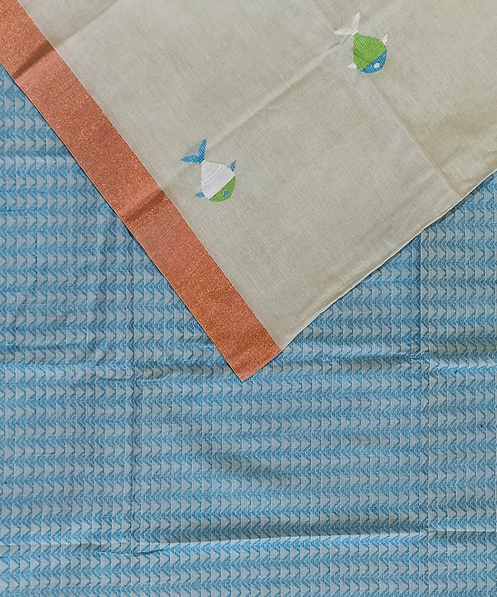 Beige sky blue cotton handloom bengal saree