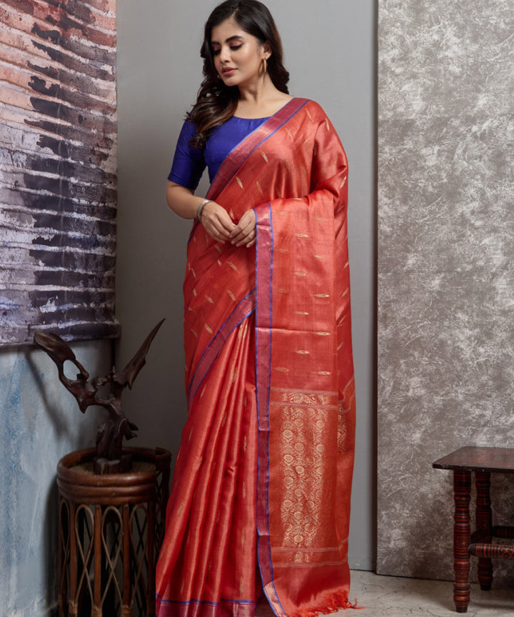 Orange red hand woven chhatisgarh tussar silk saree
