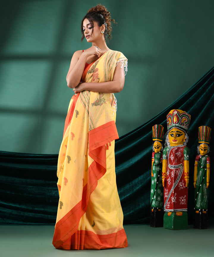 Yellow orange handloom cotton bengal saree