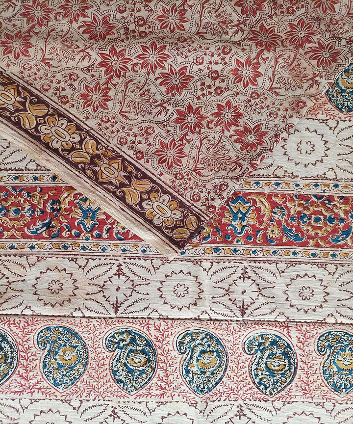 Red board kalamkari cotton hand printed saree