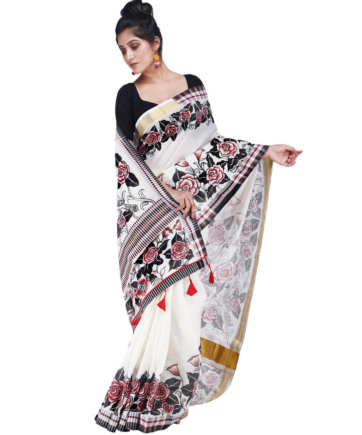 White red black cotton hand painted gamcha saree