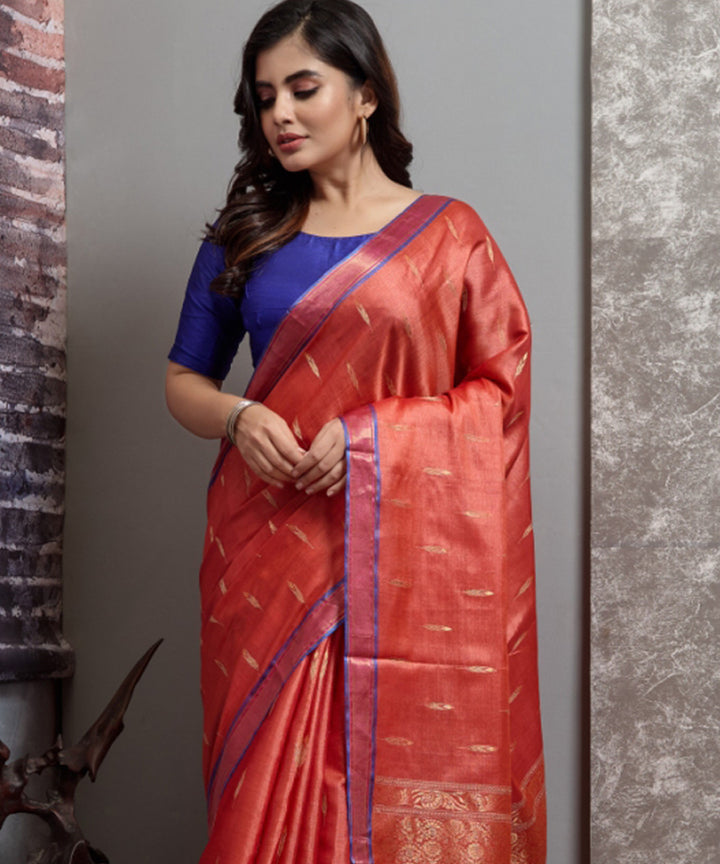 Orange red hand woven chhatisgarh tussar silk saree
