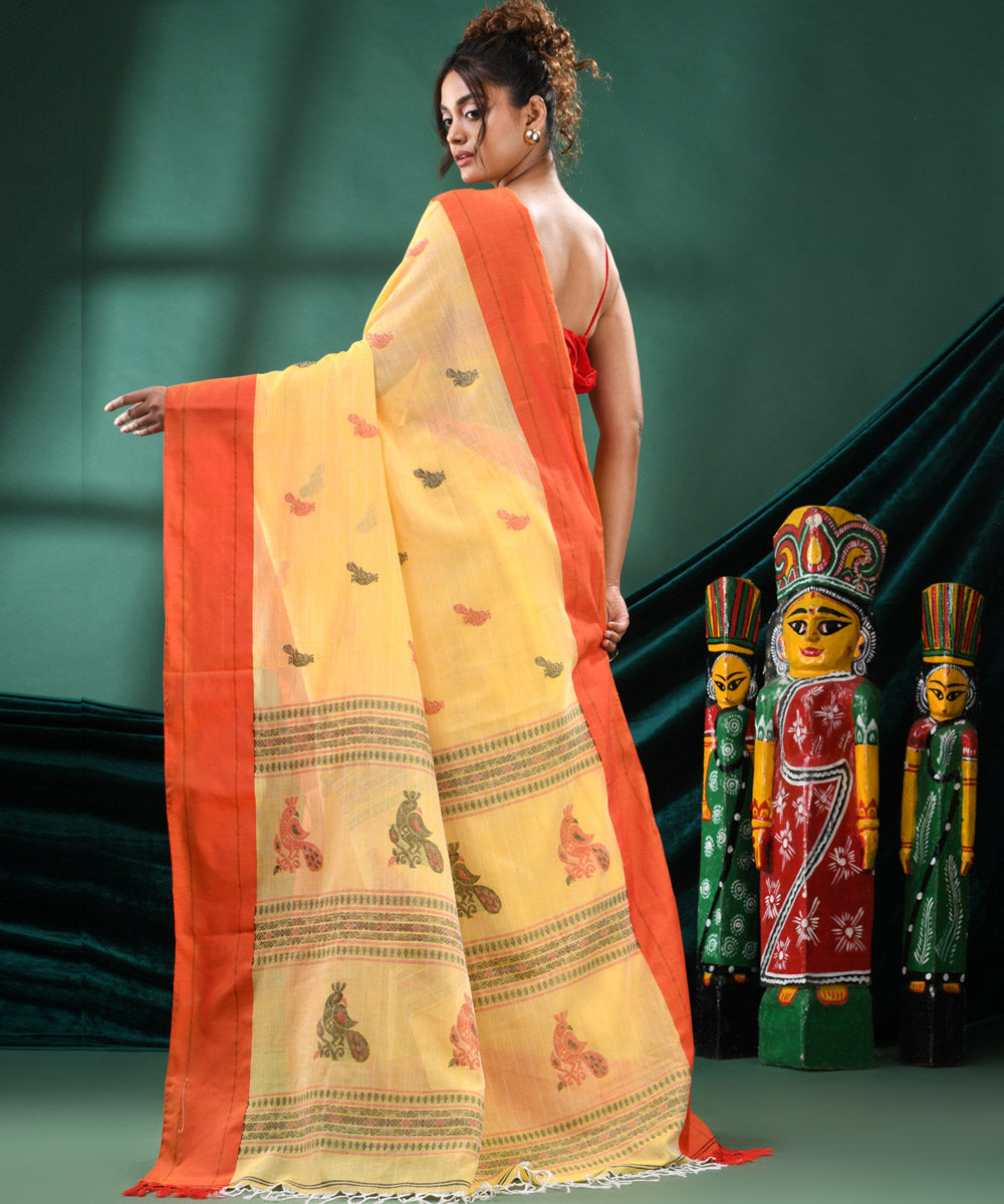 Yellow orange handloom cotton bengal saree