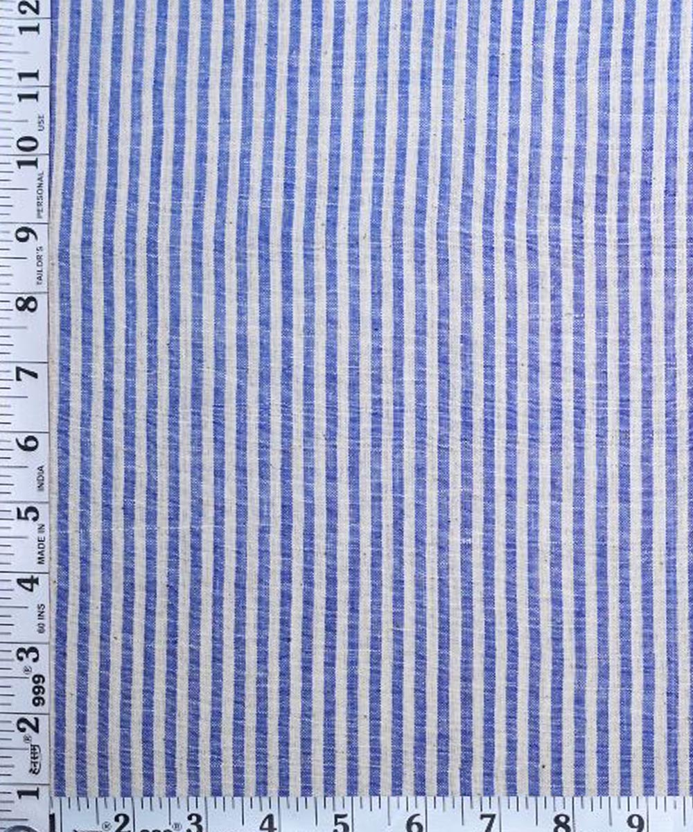 Cyan blue white stripe handspun handwoven cotton fabric