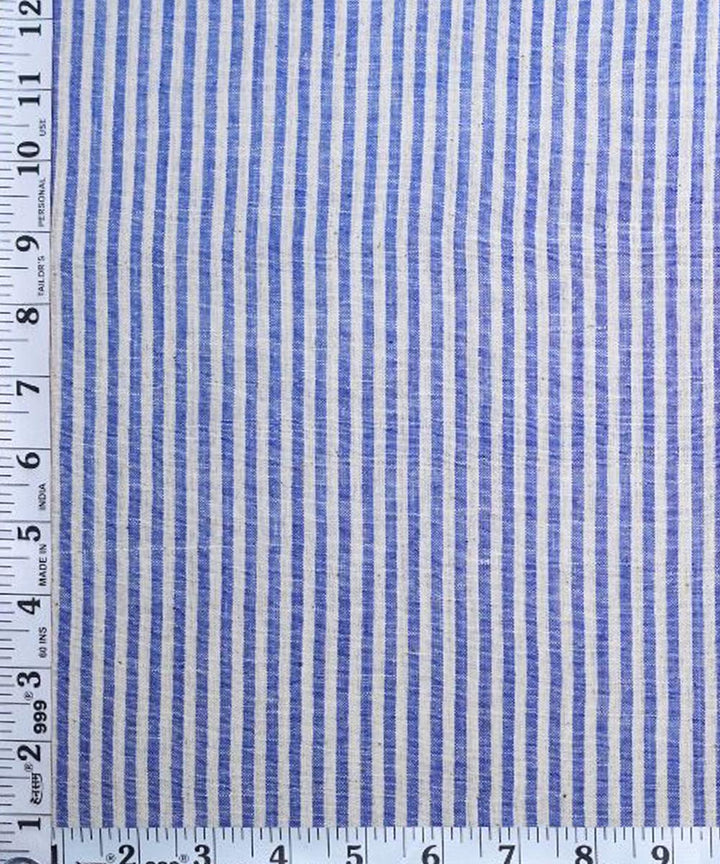 Cyan blue white stripe handspun handwoven cotton fabric
