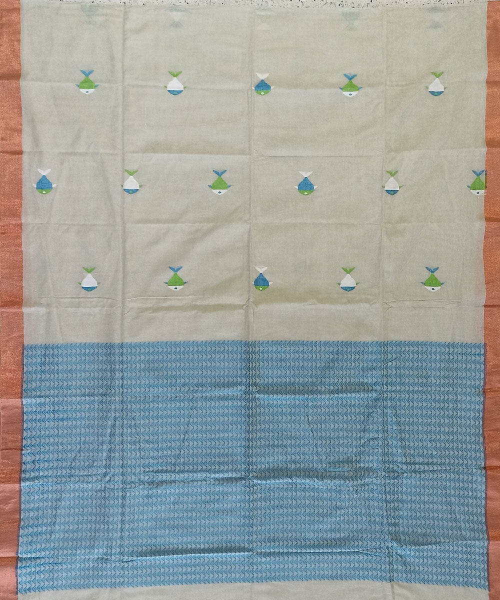 Beige sky blue cotton handloom bengal saree
