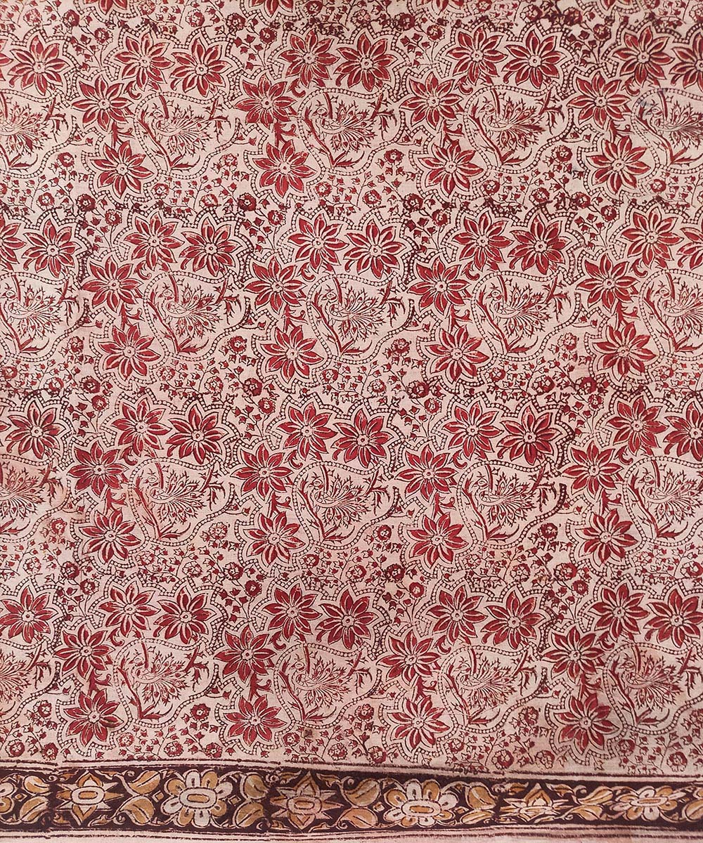 Red board kalamkari cotton hand printed saree