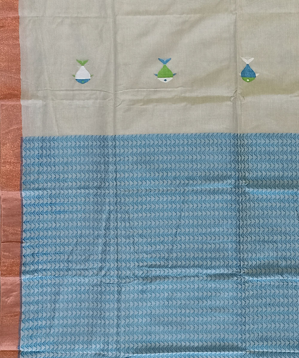 Beige sky blue cotton handloom bengal saree