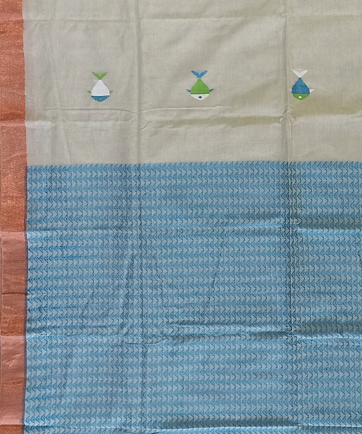 Beige sky blue cotton handloom bengal saree