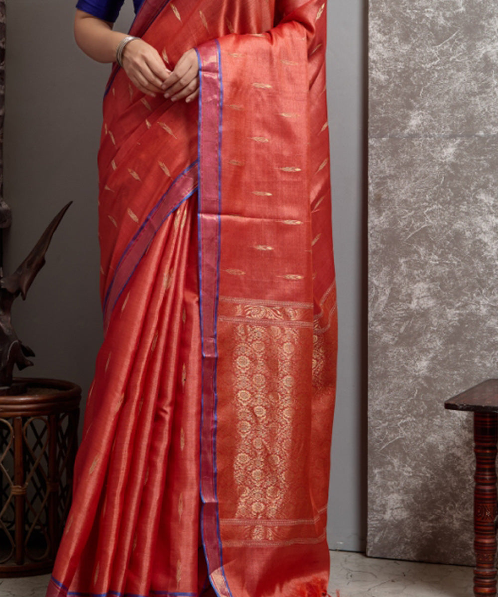 Orange red hand woven chhatisgarh tussar silk saree