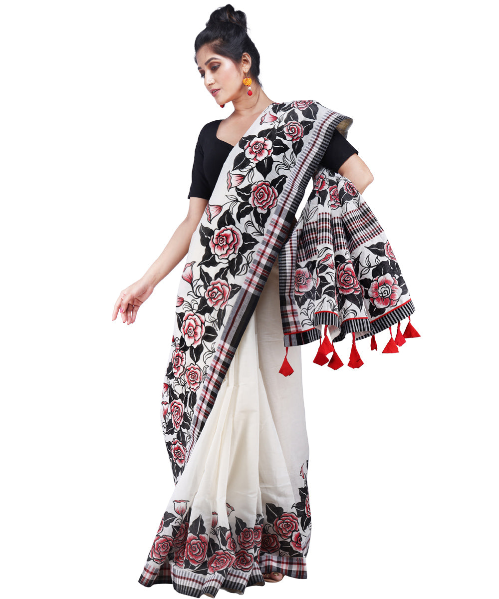 White red black cotton hand painted gamcha saree