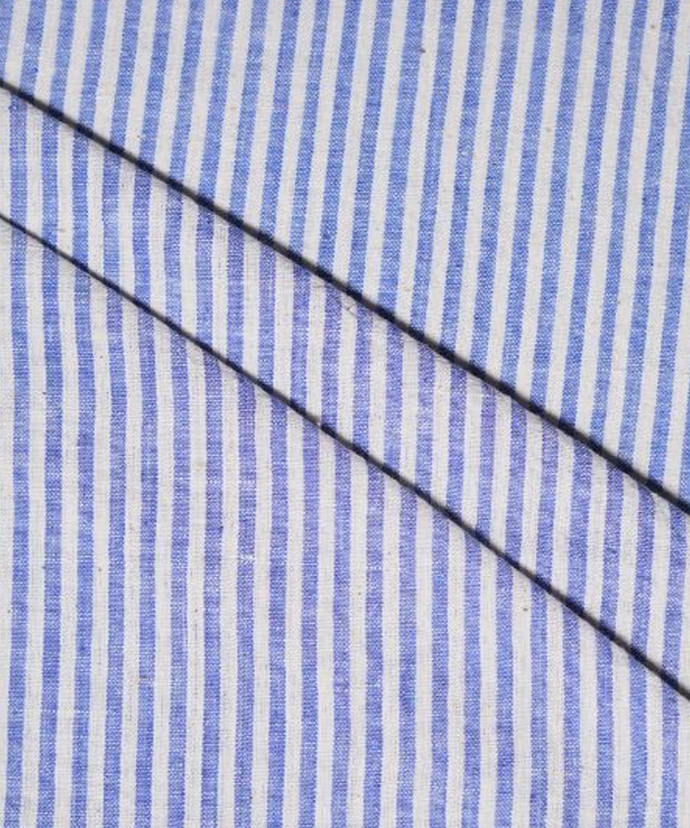 Cyan blue white stripe handspun handwoven cotton fabric