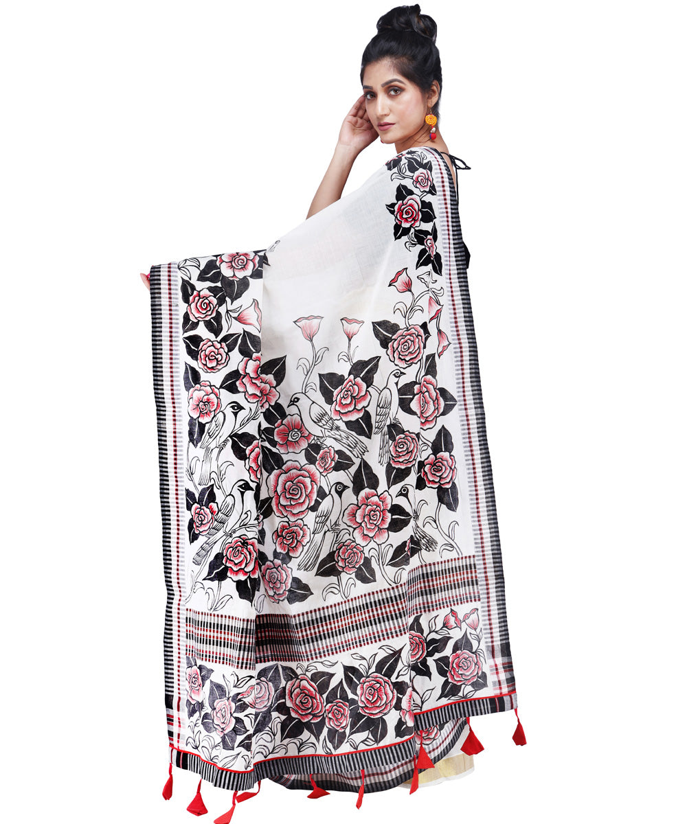 White red black cotton hand painted gamcha saree