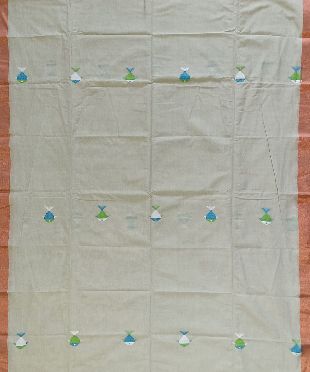 Beige sky blue cotton handloom bengal saree