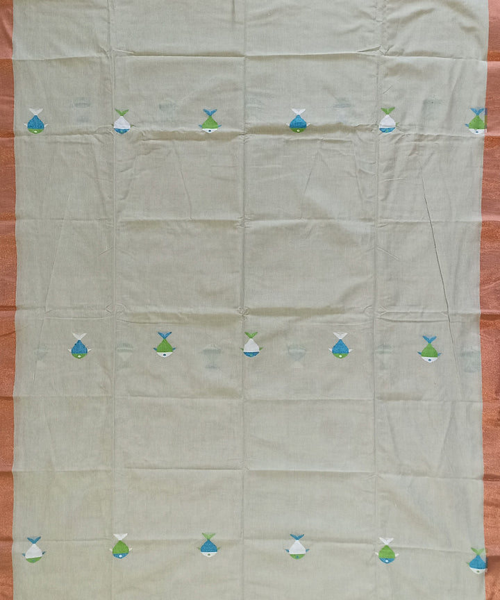 Beige sky blue cotton handloom bengal saree
