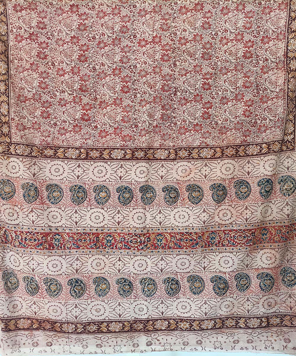 Red board kalamkari cotton hand printed saree