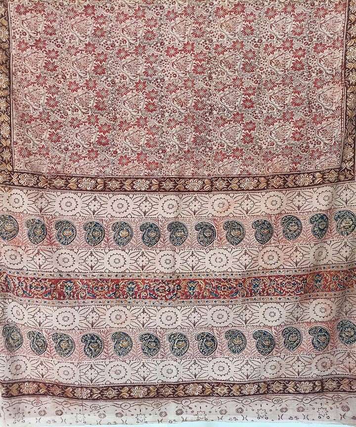 Red board kalamkari cotton hand printed saree