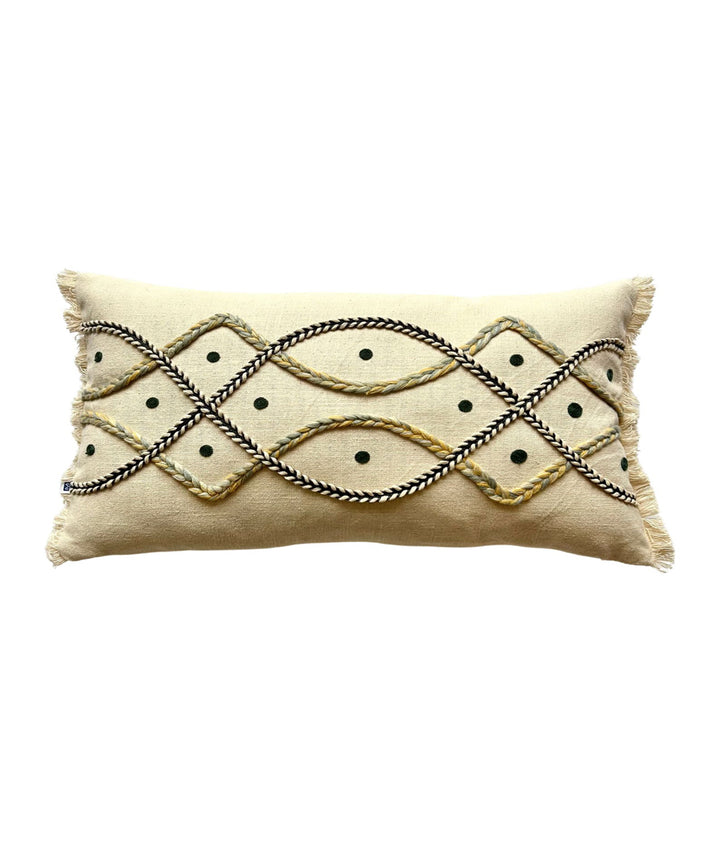 Cream slub cotton hand embroidered cushion cover