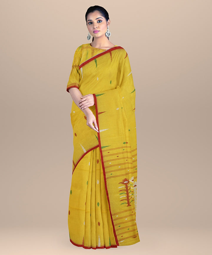 Yellow red handloom cotton bengal saree