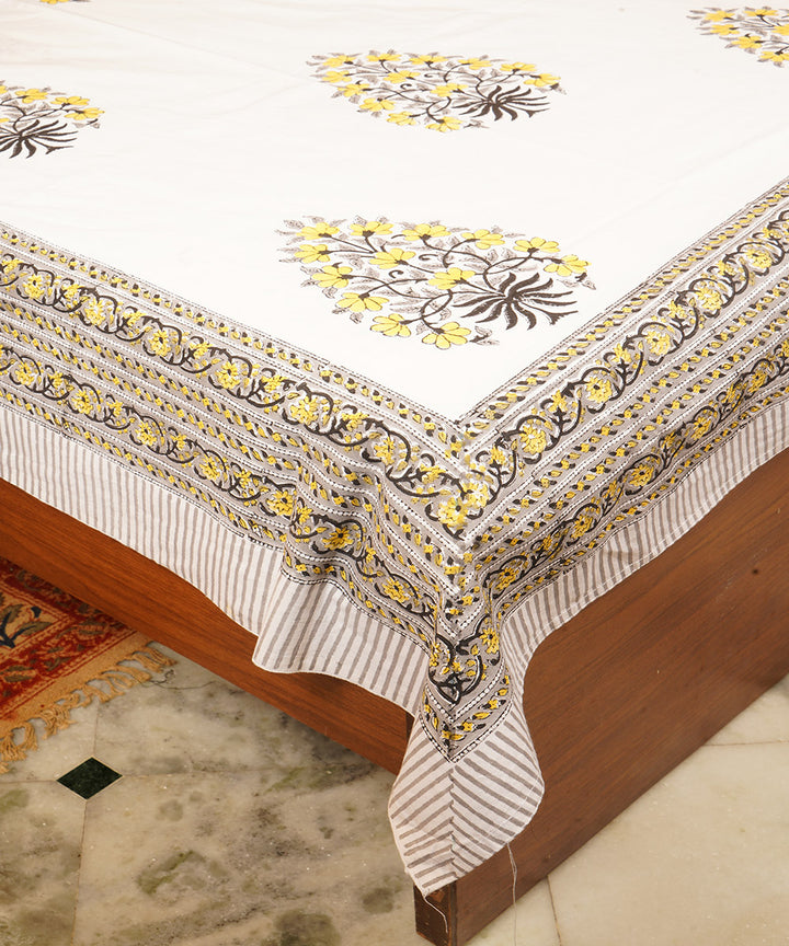 White yellow cotton hand block printed double bedsheet
