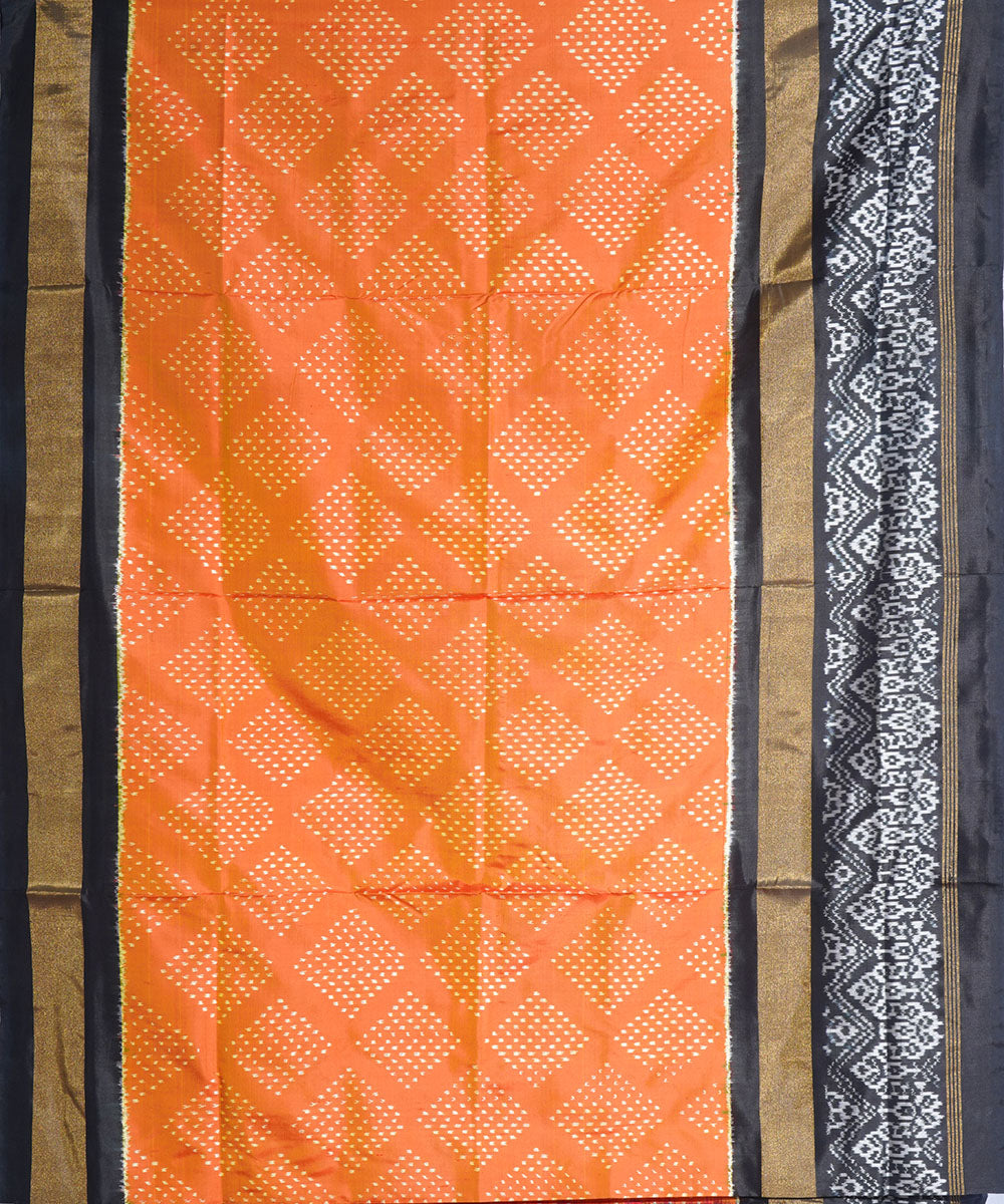 Orange black handwoven pochampally ikat silk saree