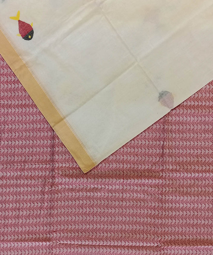 Beige red cotton handloom bengal saree