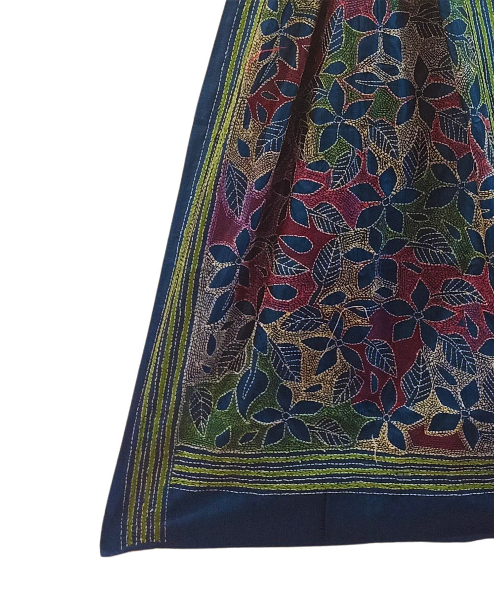 Dark green multicolor thread handwoven silk kantha stitch stole