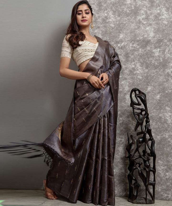 Grey handwoven chhatisgarh tussar silk saree