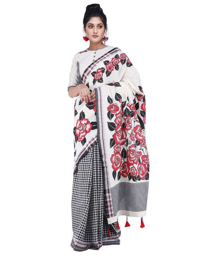 White red black cotton hand painted gamcha saree