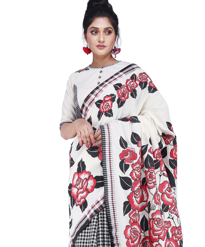 White red black cotton hand painted gamcha saree
