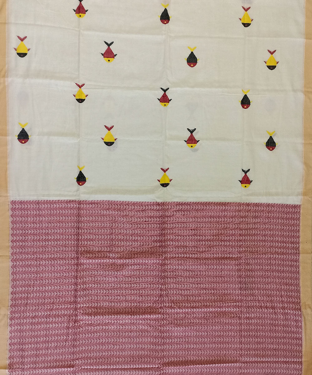 Beige red cotton handloom bengal saree