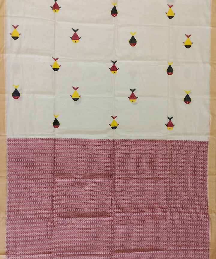 Beige red cotton handloom bengal saree