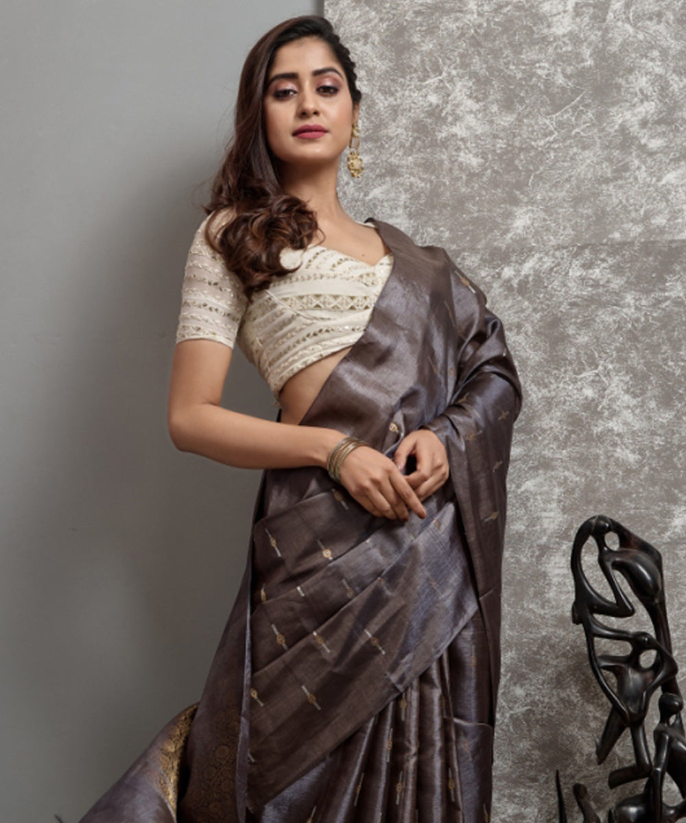 Grey handwoven chhatisgarh tussar silk saree