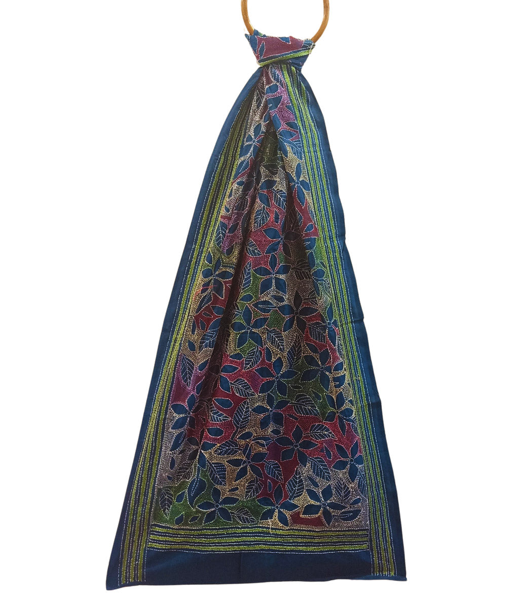 Dark green multicolor thread handwoven silk kantha stitch stole