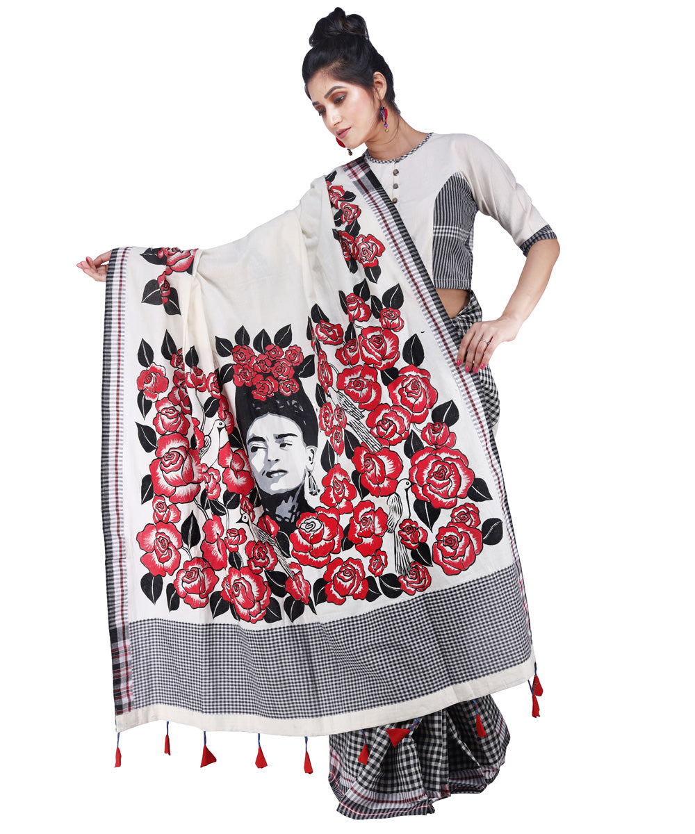White red black cotton hand painted gamcha saree