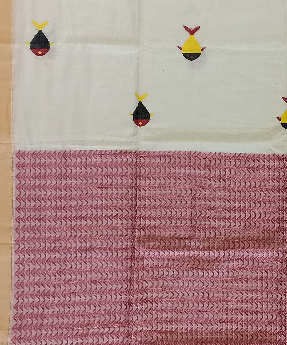 Beige red cotton handloom bengal saree