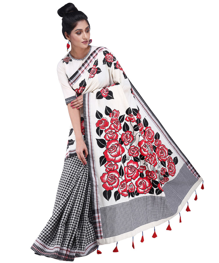White red black cotton hand painted gamcha saree