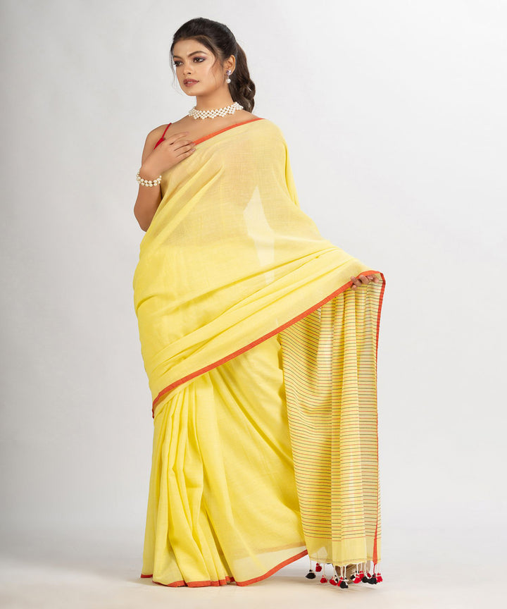 Yellow handloom cotton stripes bengal saree