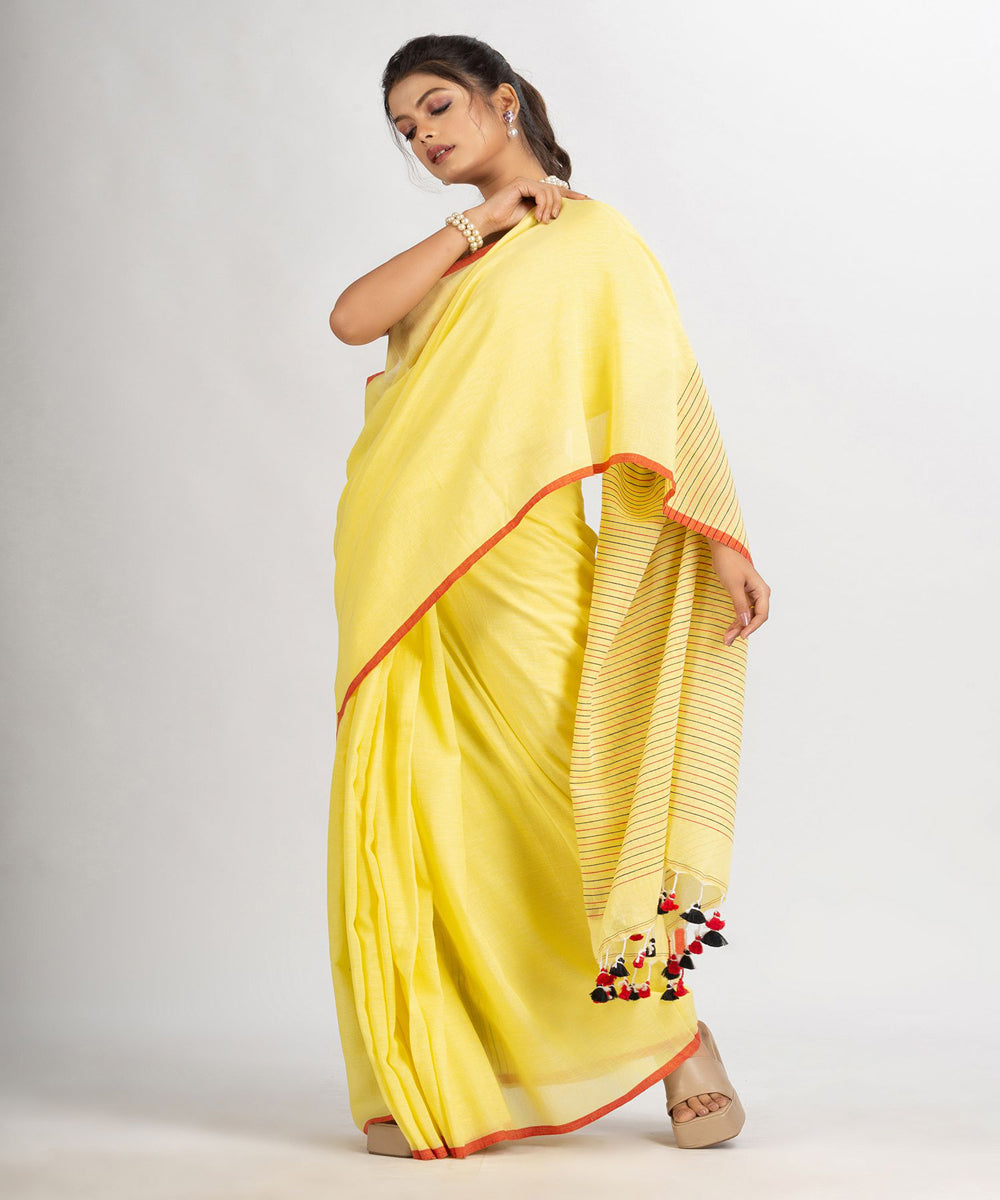 Yellow handloom cotton stripes bengal saree