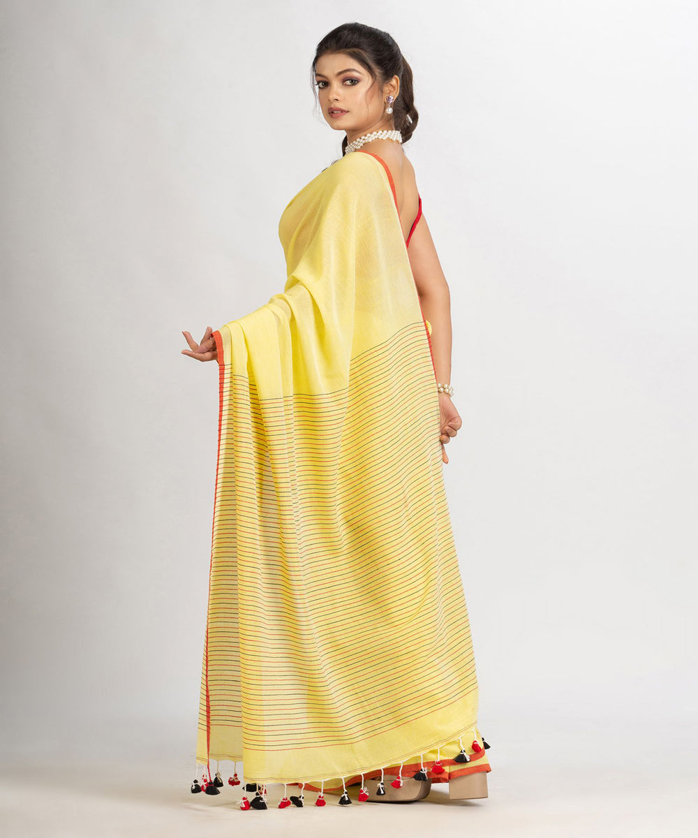 Yellow handloom cotton stripes bengal saree