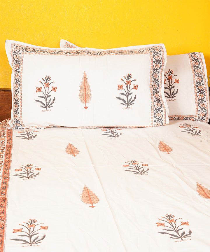 White brown cotton hand printed double bedsheet