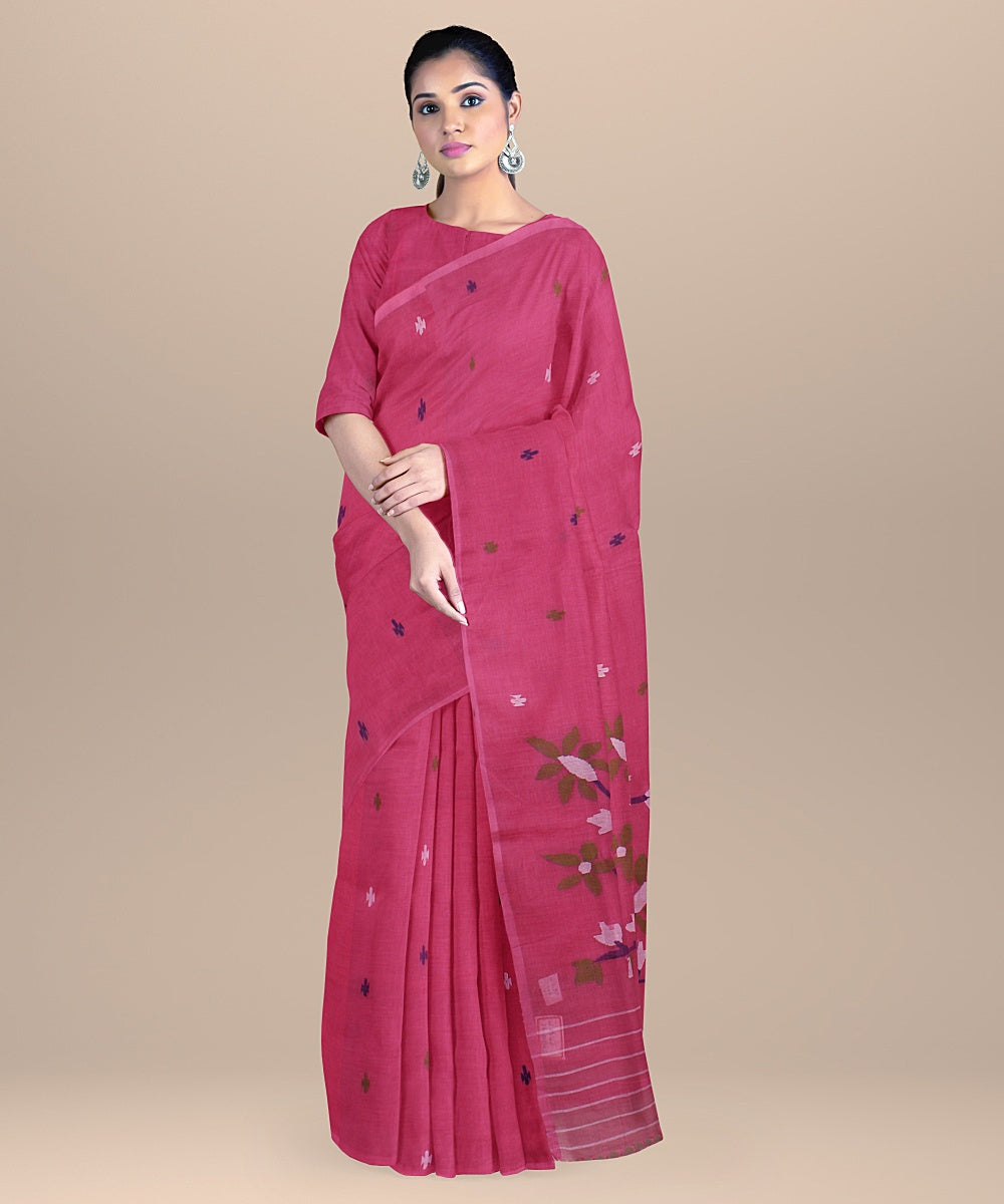 Pink multicolor handloom cotton bengal saree