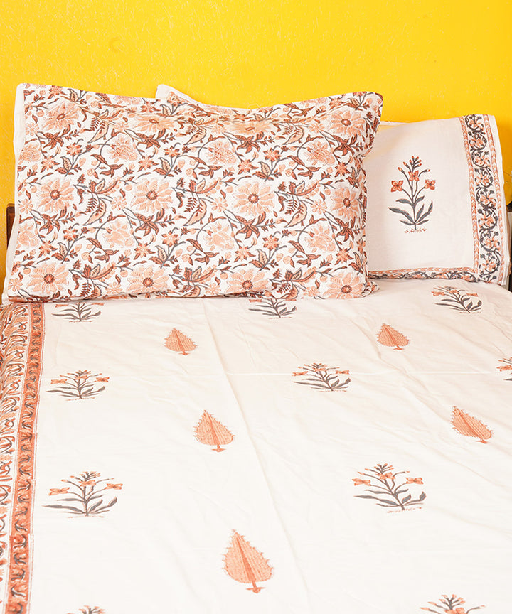 White brown cotton hand printed double bedsheet