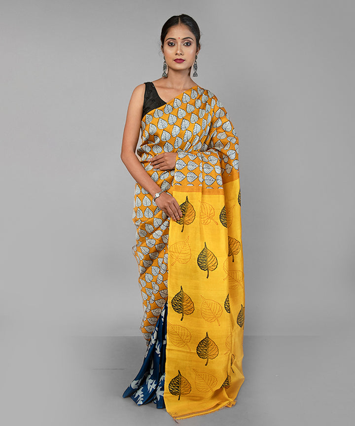 Yellow deep blue silk hand block printed saree