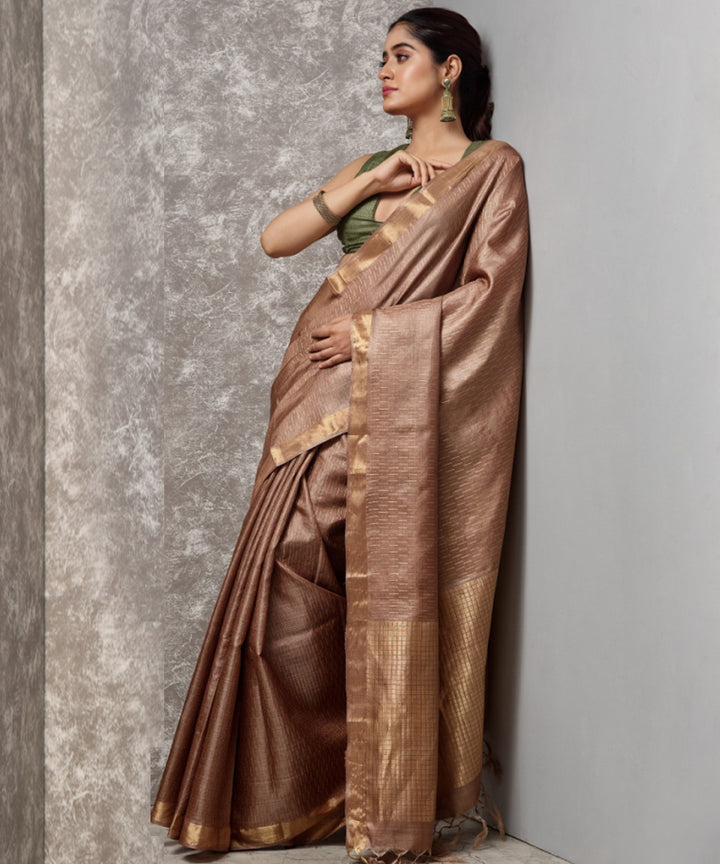 Sandal beige handwoven chhatisgarh tussar silk saree