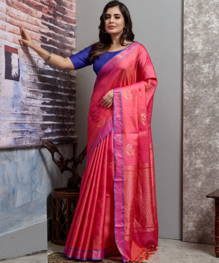 Pink hand woven chhatisgarh tussar silk saree