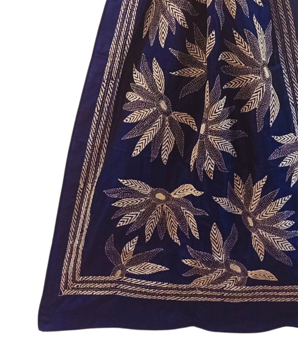 Navy blue multicolor thread silk kantha stitch handwoven stole