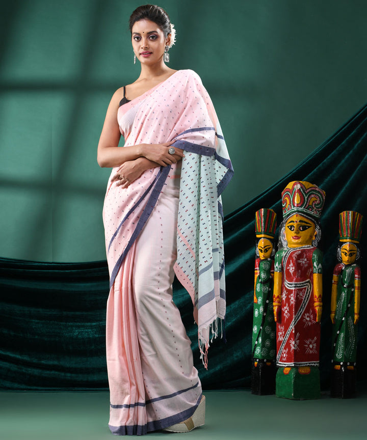 Baby pink  handloom cotton bengal saree