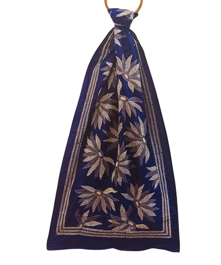 Navy blue multicolor thread silk kantha stitch handwoven stole